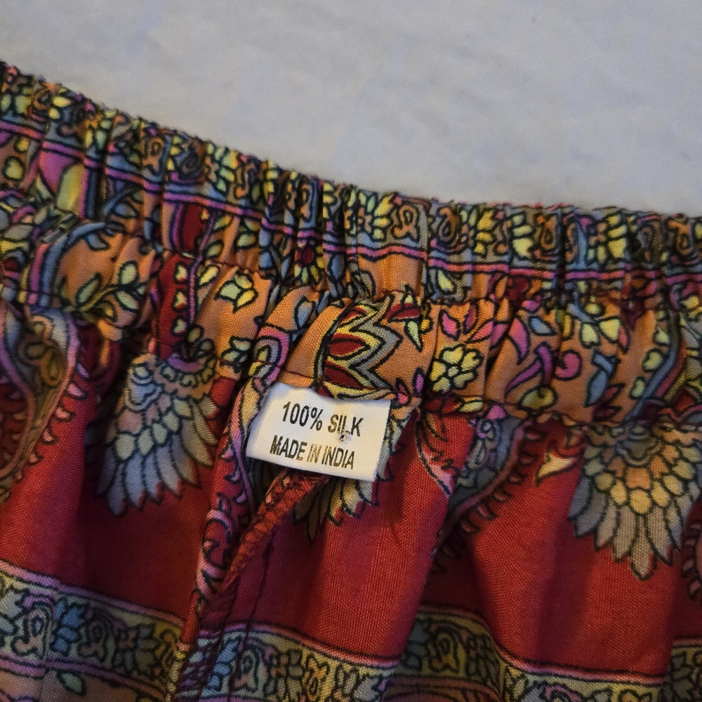 Orange Paisley Silk Wide Leg Boho Pants Elastic Waist Tassle Ties CW3 - Picture 3 of 11